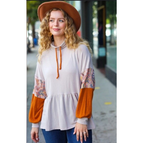 Haptics Tops - Haptics Easy Days Ahead Taupe/Rust Turtleneck Babydoll Terry Top Size Small